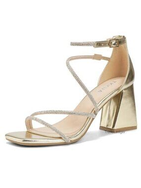 Rhinestone Strap High Heel Sandals Square Toe 3.15 Inch Chunky Heel Women